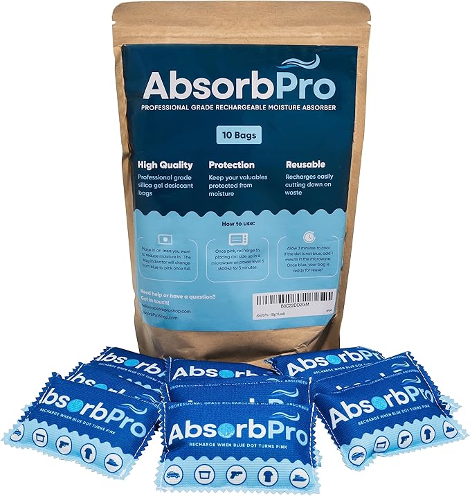 Rechargeable Dehumidifier Bag 10-Pack - 100g Reusable Moisture Absorbers - Silica Gel Packets for Bins, Totes, Gun Safe, Food Storage, Clothes, Cars, and Boats by AbsorbPro