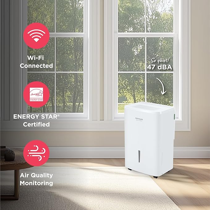 Frigidaire Gallery 2-in-1 50-Pint Portable Dehumidifier with Wi-Fi, Energy Star Certification & Air Quality Monitoring for Medium/Large Rooms & Basements, Custom Humidity Control, Auto Shut Off, White - Image 4