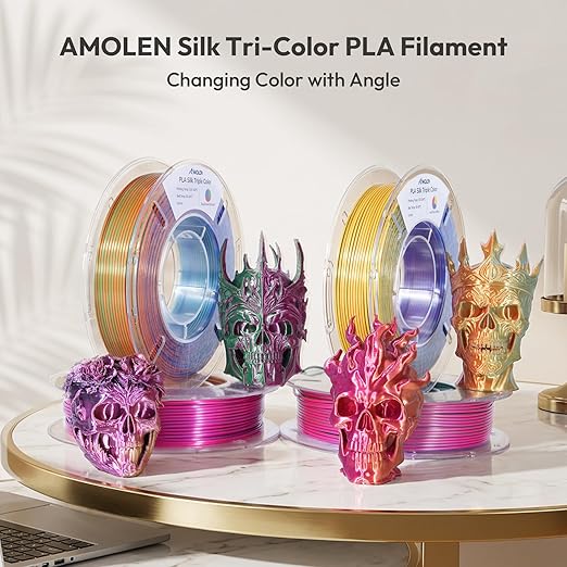 AMOLEN 3D Printer Filament Bundle, Triple Colors Coextrusion Silk PLA Filament 1.75mm +/-0.02mm,Shiny Color Change 3D Printer Filament for Most FDM 3D Printer 200g X 4 Pack - Image 6