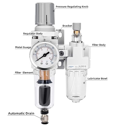 NANPU 1/4" NPT Auto-Drain Air Filter Regulator Lubricator Combo (FRL) Water/Oil Trap Separator - Gauge(0-150 psi), 5 Micron Brass Element, Poly Bowl, Metal Bracket - Image 2