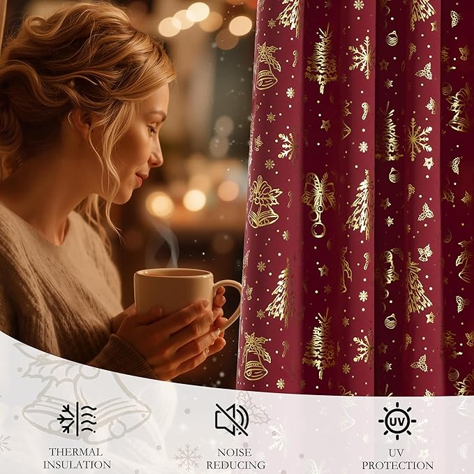 NICETOWN 2 Panels Red Christmas Curtains W42 x L63 in, Rod Pocket Gold Stamping Xmas Tree Printed Window Treatments for Bedroom, Living Room, Thermal & Privacy Draperies for Holiday Party Home Decor - Image 6