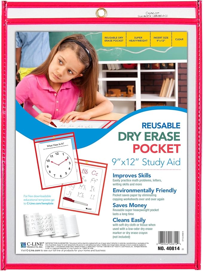C-Line Reusable Dry Erase Pockets, 9 x 12 Inches, Red(40814-30) - Image 4