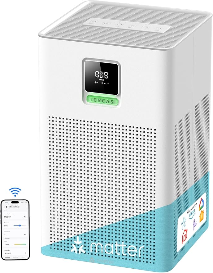 Matter Certified Air Purifier with H13 Filter, Compatible with Alexa Google Home Apple HomeKit, Large Room Coverage 1937 ft²/hr, Washable Pre-Filter, Eco Mode, PM2.5 Monitor, Sleep Mode by xCREAS