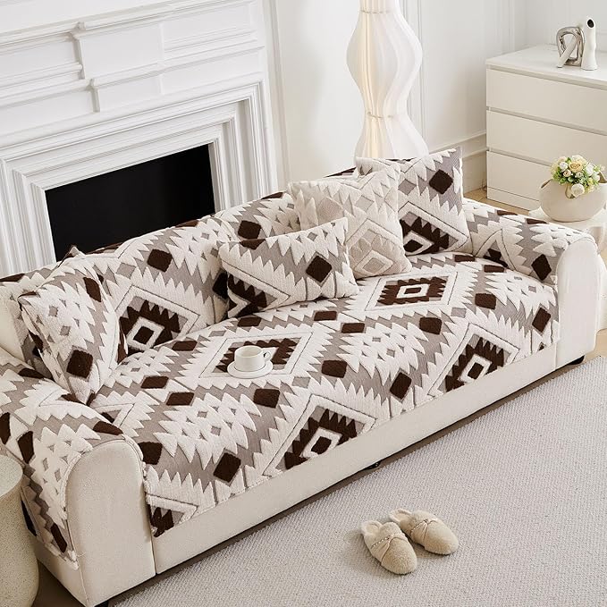 Boho Plush Couch Covers for Sofa Washable, Fuzzy Soft Couch Cover for Sectional Sofa, Non Slip Jacquard Sofa Cover Furniture Protector for Kids, Pets (Dark Coffee,43"x70") - Image 7