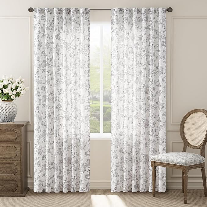 jinchan Linen Floral Curtains for Living Room, 84 Inch Length Curtains with Printed Flower Light Filtering Curtain, Rod Pocket Back Tab Gray Window Curtain Set, 2 Panels Light Grey on White - Image 2