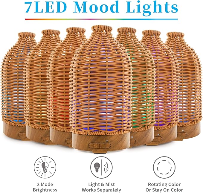 Essential Oil Diffuser - Multifunction Aromatherapy Diffuser 7 LED Color Changing Light 100ML Rattan Diffuser Easy to Clean Suitable for Home,Office (Tan) - Image 2