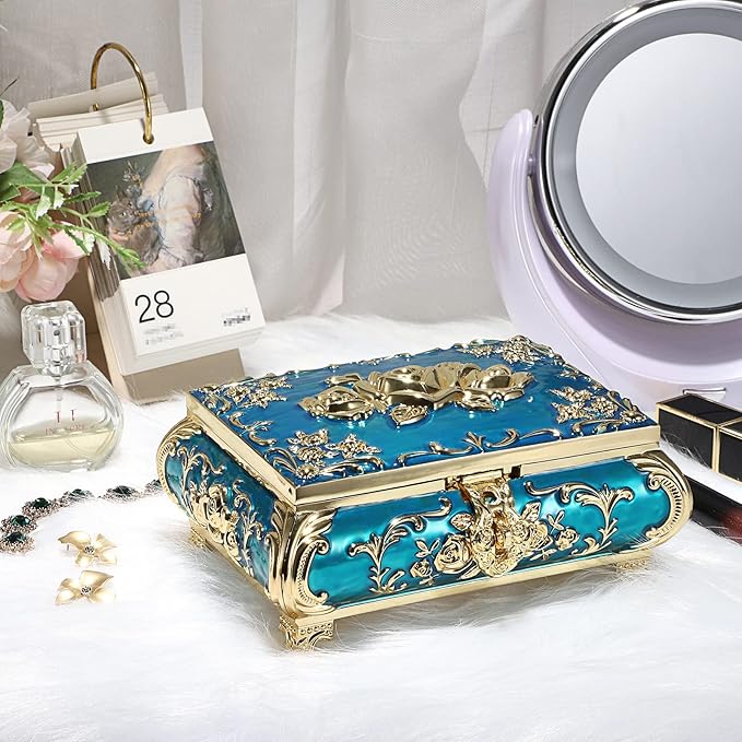 Hipiwe Metal Decorative Jewelry Box Vintage Treasure Chest Case Ornate Trinket Organizer Earrings Necklace Bracelet Storage Box Ring Holder Keepsake Box for Women - Image 8