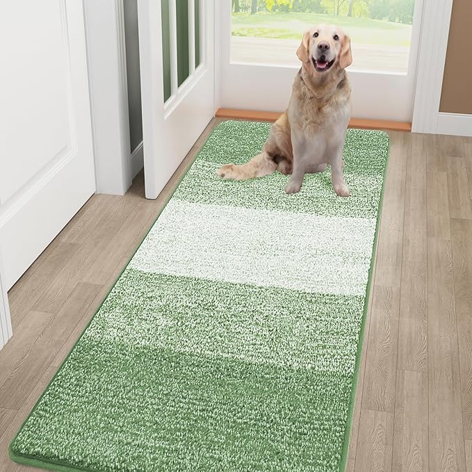 Smiry Dog Door Mat for Muddy Paws, Absorbs Moisture and Dirt, Low-Profile Entryway Mat with Non-Slip Backing, Entry Indoor Outdoor Doormat for Inside Floor (48x32 Inches, Sage Green, Striped) by Smiry
