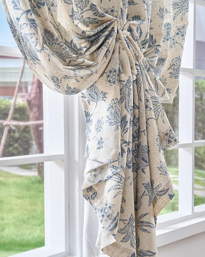 jinchan Lined Linen Floral Curtains for Living Room, 84 Inch Length Printed Flower Farmhouse Patterned French Country Back Tab Blue Window Drapes Set Privacy Bedroom Curtains, 2 Panels - Image 7