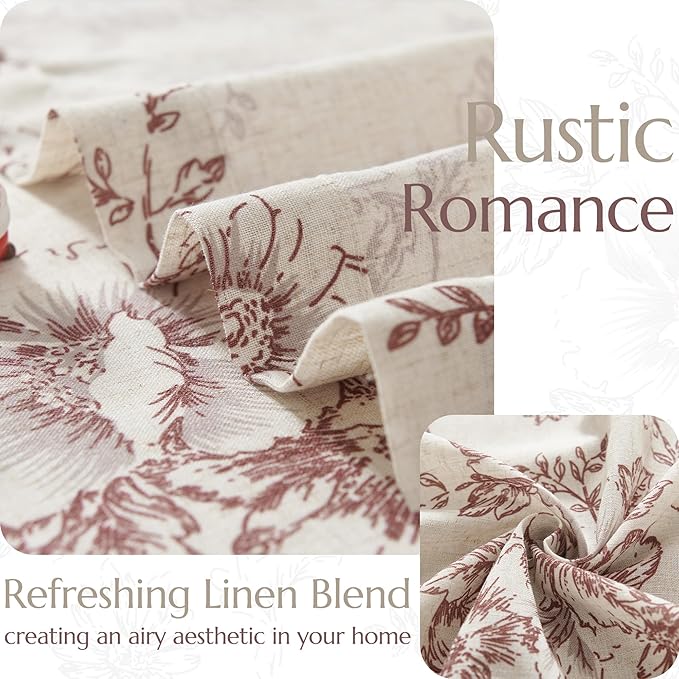 jinchan Linen Blend Curtain Floral Curtains for Living Room 63 Inch Length Farmhouse Brick Red Printed Curtain Rod Pocket Back Tab Peony Flower Patterned Drapes Curtains Set 2 Panels - Image 5