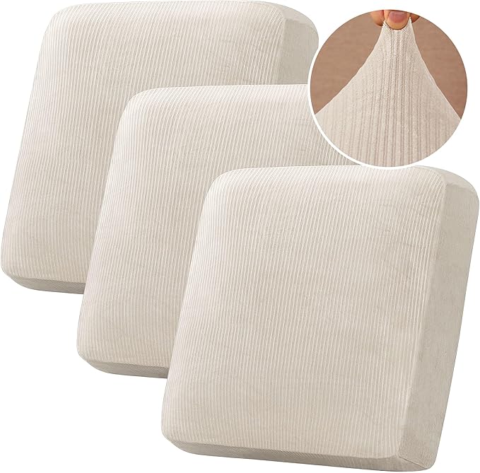 H.VERSAILTEX Velvet Stretch Couch Cushion Cover Plush Cushion Slipcover for Chair Loveseat Sofa Cushion Furniture Protector Seat Cushion Sofa Cover (3 Piece XL Sofa Cushion Covers, Ivory Striped) by HVERSAILTEX