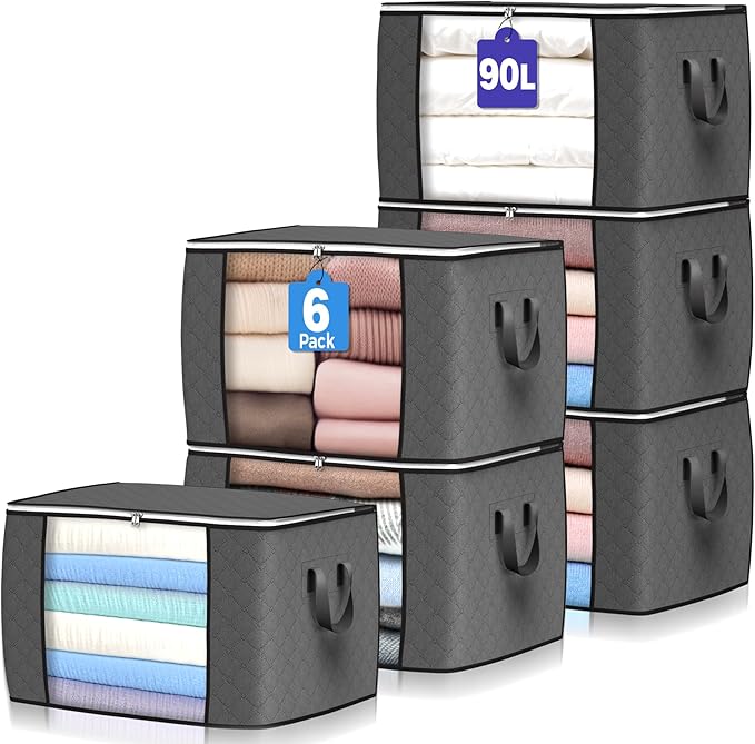90 L Large Storage Bags, 6 Pack Clothes Storage Bins Foldable Closet Organizers Storage Containers with Reinforced Handle for Clothing, Blanket, Comforters, Bed Sheets, Pillows and Toys (Gray) by BuddingJoy-BuildaJoyfulLifeforYou