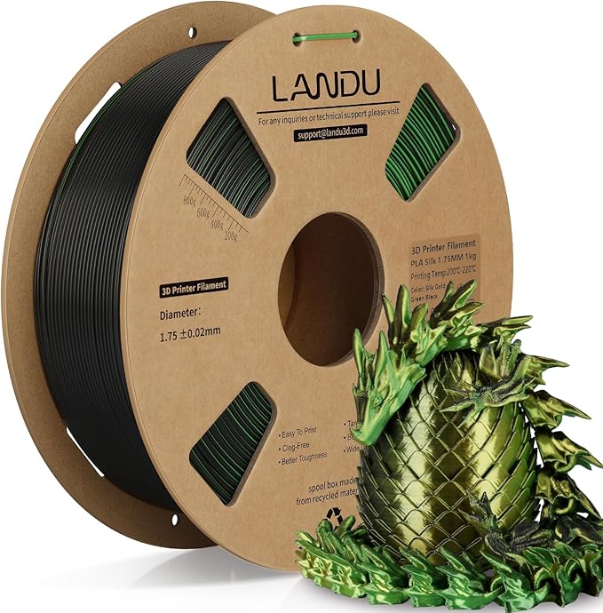 LANDU Silk Tri-Color PLA Filament 1.75mm 1Kg,Triple Color Silk PLA Filament, Silk Rainbow PLA Filament,Neatly Wound 3D Printer Filament,3 in 1 Multi Color Filament +/-0.02mm, Silk Gold Green Black by LANDU