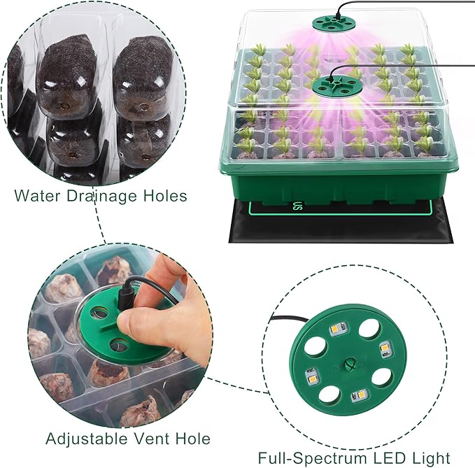 Seed Starter Kit with Grow Light Seedling Heat Mat 48 Cells Seed Starter Tray with Humidity Dome and Base Germination Trays Plastic Growing Trays Plant Propagation Kit for Seed Starting, Green - Image 4