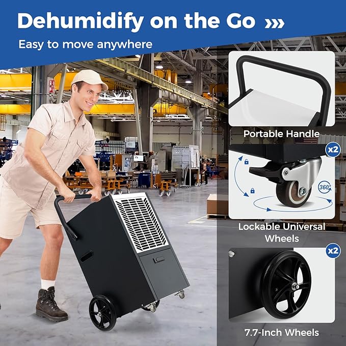 ARLIME 163 Pints Commercial Dehumidifier w/Pump & Drain Hose, Industrial Heavy Duty Portable Dehumidifier for Large Spaces, Basement, Warehouse, Water Damage Restoration, Up to 4500 Sq.Ft (White) - Image 6