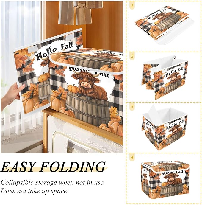 xigua Highland Cows Storage Bins with Lids and Carrying Handle,Foldable Storage Boxes Organizer Containers Baskets Cube with Cover for Home Bedroom Closet Office - Image 4