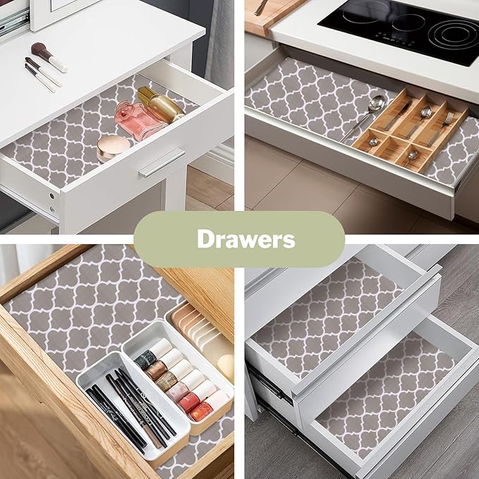 Drawer and Shelf Liner for Kitchen Cabinet: 12 in X 20 Ft Non Slip Waterproof Shelf Paper Non Adhesive Refrigerator Liners Gray Quatrefoil Easy Liners for Bathroom Cupboard with Knife Tape Measure - Image 5