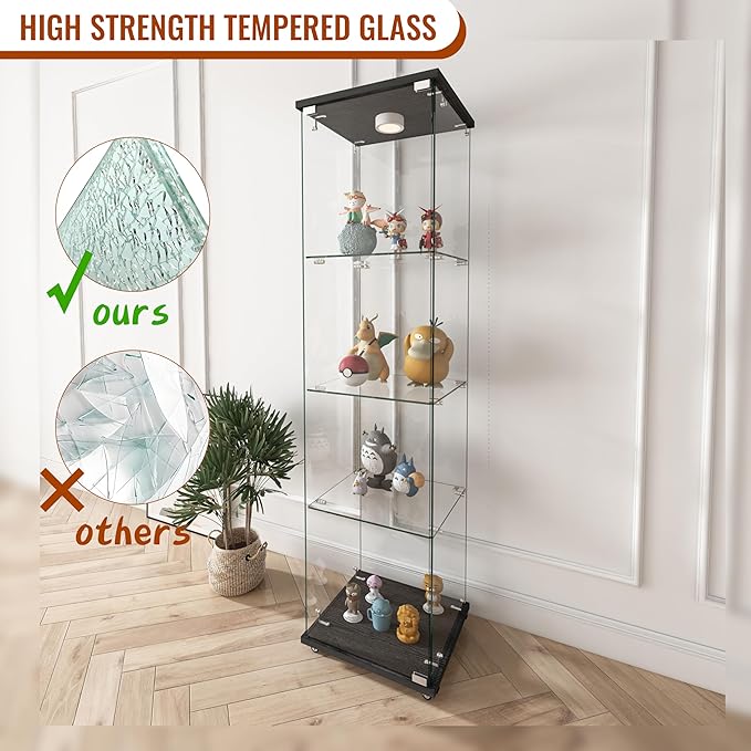 Yoluckea 4-Tier Glass Display Cabinet with LED Lighting, 1-Door Floor Standing Curio Cabinet with Universal Wheel for Home, Office, or Corner Display, Black Glass Bookshelf for Collections and Decor - Image 6