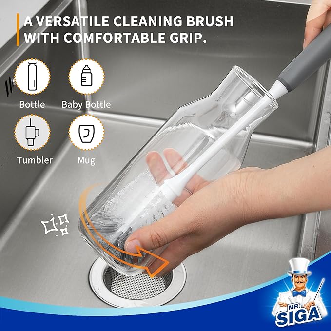 MR.SIGA Long Handle Bottle Brush, Flexible Scrub Brush for Water Bottles, Glasswares, Mugs, Gray, 2 Pack - Image 5