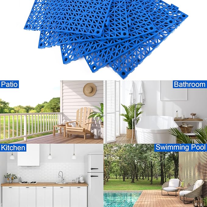 MYFAMIREA Modular Interlocking Cushion 12 Pack 11.8" x 11.8" Rubber Floor Tiles Non-Slip Splicing Drainage Mats for Deck, Pool, Outdoor Shower, Patio, Balcony, Indoor Bathroom, Kitchen, Yard (Blue) - Image 7