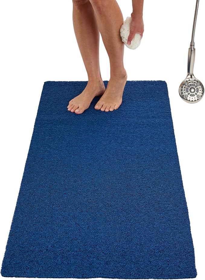 Soft Shower Mat Non Slip - PVC Loofah Inside or Outside Showers, Bathtubs, Bathrooms, and Wet Areas - Safe for Textured Tiled and Smooth Floor - No Suction Cups Secure Anti Slip (Navy 24 x 47) by ENKOSI