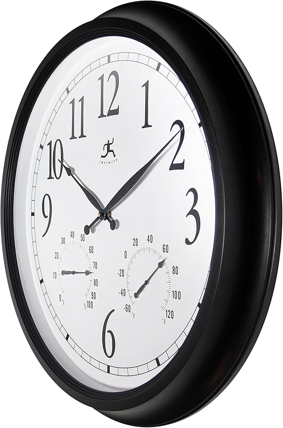 Infinity Instruments 24 inch Classic Black Wall Clock Thermometer Humidity Outdoor | Round Outdoor Wall Clock | Outdoor Indoor Thermometer Clock Hygrometer | Great for Garage, Patio, Pool, Outdoors - Image 4