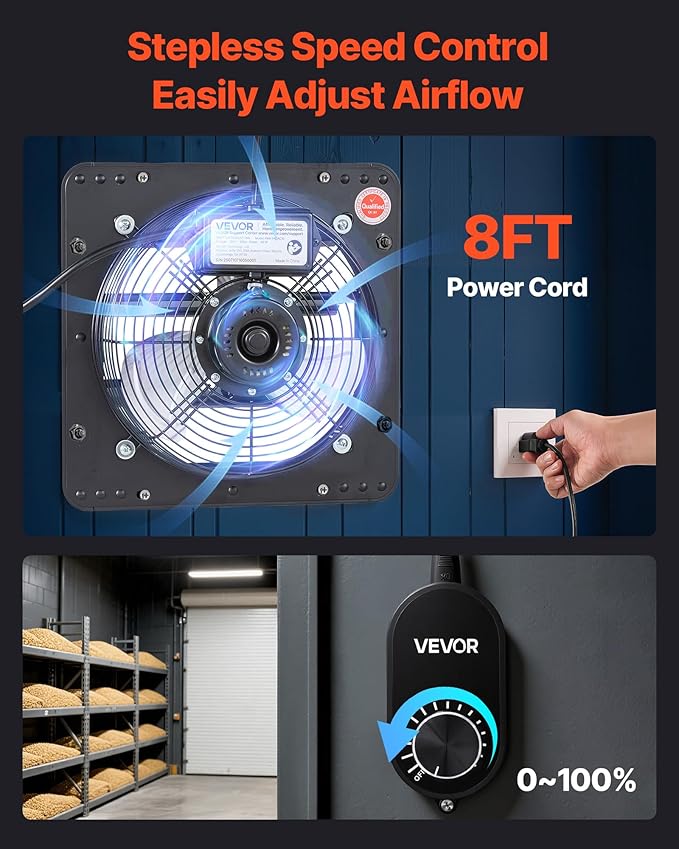 VEVOR 10'' Exhaust Fan, Wall Mounted Attic Fan with Variable Speed controller, 900 CFM, Automatic Shutter, Ventilation and Cooling, Black - Image 6