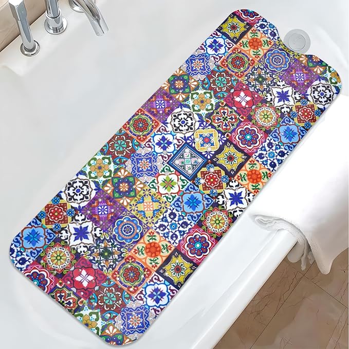 Boho Bathtub Mat Non Slip, Vintage Bath Tub Mat Baby Bath Mats for Bathroom Anti Slip Shower Mats for Inside Shower, Colorful Floral Bathmat with Suction and Drain Holes Machine Washable, 40″x16″ by Unknown