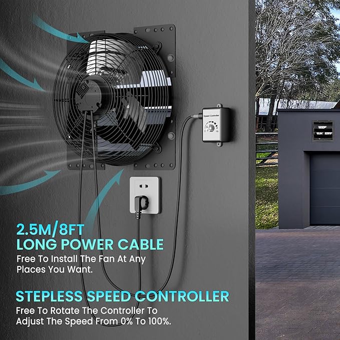 HG Power 14 Inch Attic Fan with Speed Controller, 1294 CFM Shutter Exhaust Fan with EC Motor, Wall Mounted Greenhouse Fan for Shed, Basement, Gable, Chicken Coop Ventilation Use, Black - Image 4