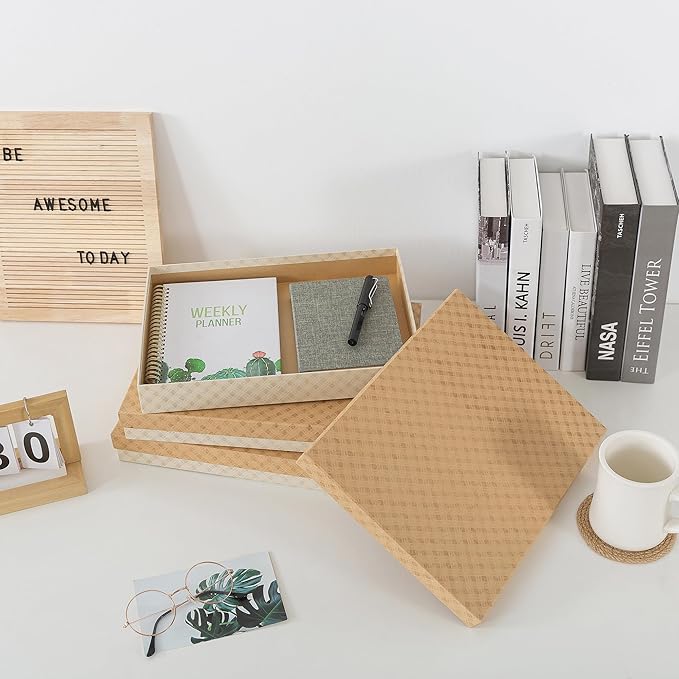 Soul & Lane Document Storage Boxes - Set of 3 (13.2" x 9.8" x 1.8"), Versatile Photo & Craft Organizer for Home & Office, Stackable Cardboard Storage for Letters, Files & Memorabilia, Geometric Check - Image 7