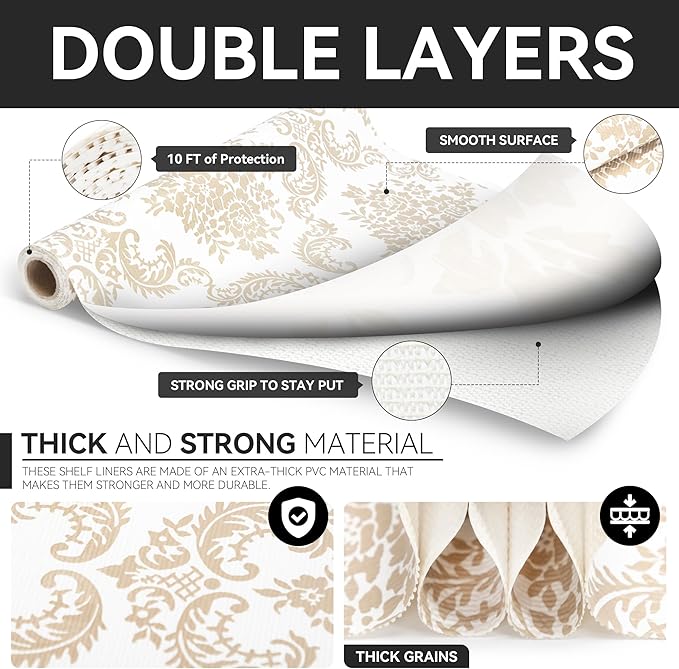 RAY STAR Shelf Liner, Non Adhesive Golden Damask Floral Cabinet Liner for Pantry Drawer, Strong Grip Non Slip Waterproof, Shelf Liners for Kitchen Cabinets Organization 12 Inch x 10 FT (2 Rolls) - Image 7