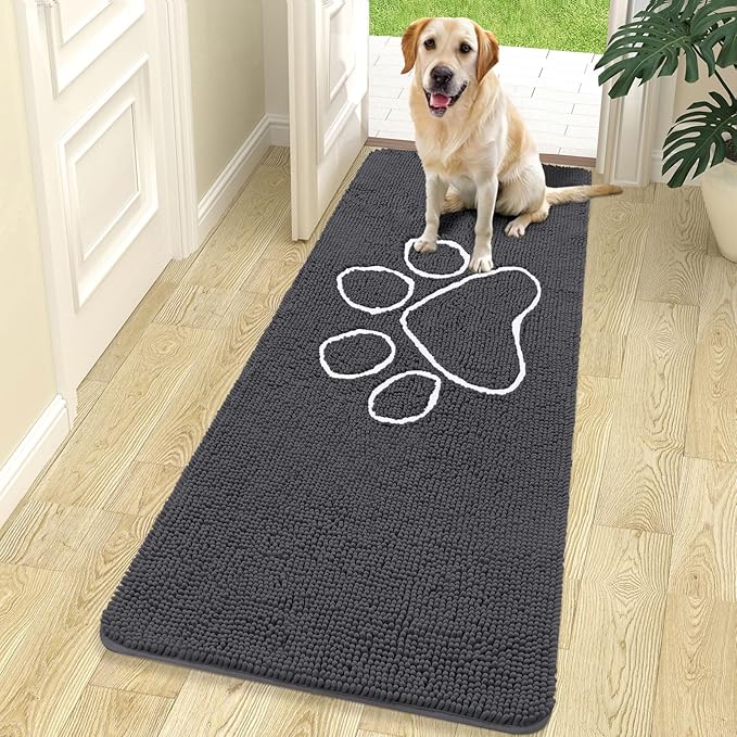 OLANLY Dog Door Mat for Muddy Paws 70x24, Paw Print Design, Absorbs Moisture and Dirt, Absorbent Non-Slip Washable Doormat, Quick Dry Chenille Mud Mat for Dogs, Entry Indoor Entryway Carpet, Dark Grey by OLANLY