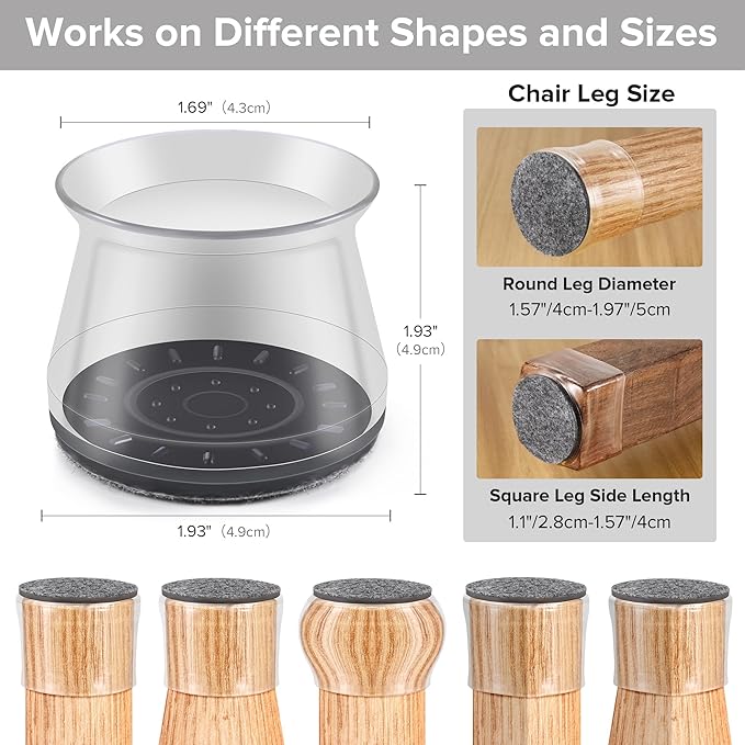 24PCS Upgraded Silicone Chair Leg Floor Protectors for Hardwood Floors, Furniture Sliders for Chair Legs, Felt Bottom Furniture Pads, Anti-Slip Round&Square Cap Covers to Scratch and Reduce Noise - Image 2
