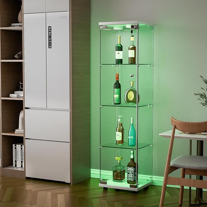Yoluckea 4 Shelves Glass Display Cabinet with LED Light and Door, Floor Standing Clear Glass Curio Cabinet Collection for Living Room Bedroom 64.7”x16.7”x 14.3” White(Upgrade Assembly) by Yoluckea