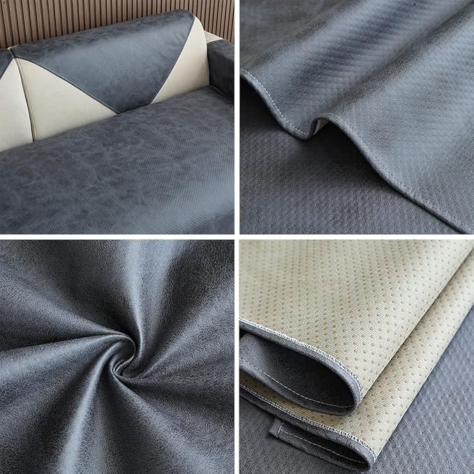 Faux Leather Waterproof Couch Sofa Cover Vintage PU Sectional Couch Cover Non Slip Sofa Slipcover Furniture Protector for Kids Dogs Cats (Gray,43"x82") - Image 7