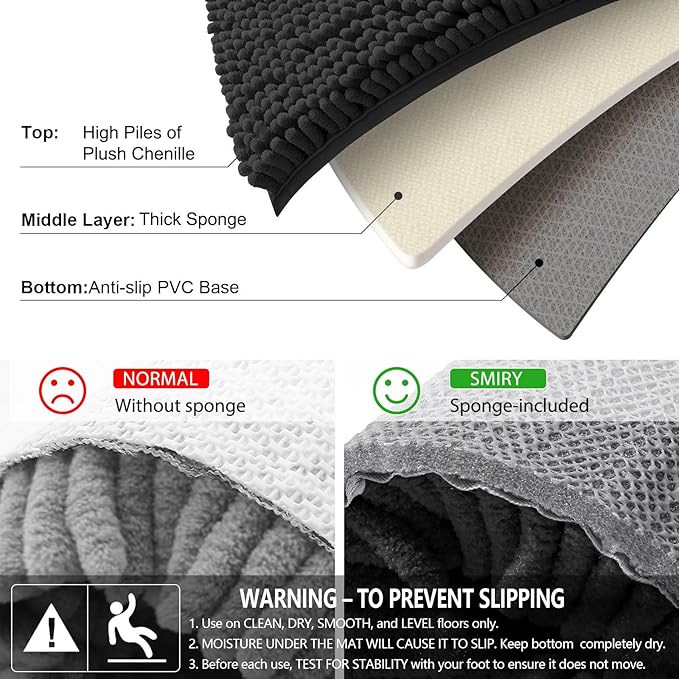 Smiry Luxury Chenille Bathroom Rugs 30x20, Extra Soft and Absorbent Shaggy Bath Mat, Machine Washable, Non-Slip Plush Carpet Runner for Tub, Shower, and Floor, Home Decor Accessories, Black - Image 5