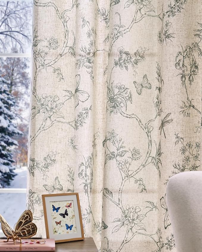 jinchan Floral Linen Curtains for Living Room 84 Inch Length Butterfly Curtain Grey Floral Curtains French Country Farmhouse Curtain Gray Flower PatternedDrapes Window Treatment Set 2 Panels - Image 2