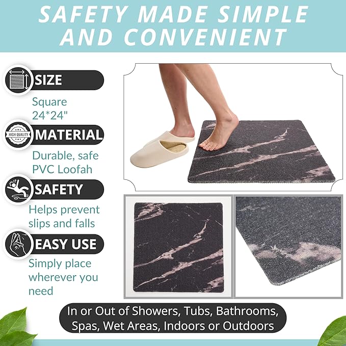 Enkosi Loofah Shower Mat Non Slip – Square Anti Slip Bath Mat for Inside Showers, Bathtub, Tub, Bathroom - Cushioned, Quick Dry PVC with Drain Holes - Secure Grip Safety Pad (Marble Black 24x24) - Image 3