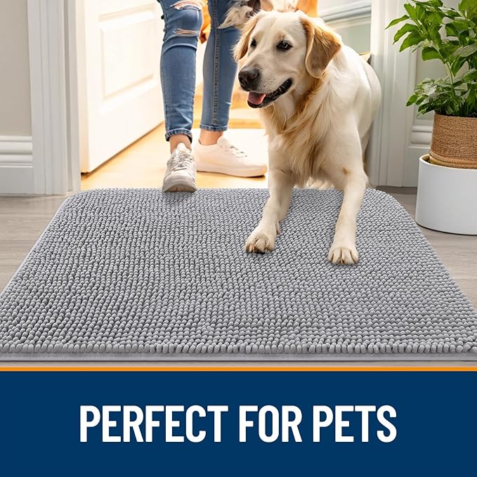 OLANLY Dog Door Mat for Muddy Paws 48x30, Absorbs Moisture and Dirt, Absorbent Non-Slip Washable Doormat, Quick Dry Chenille Mud Mat for Dogs, Entry Indoor Entryway Carpet for Inside Floor, Light Grey - Image 6