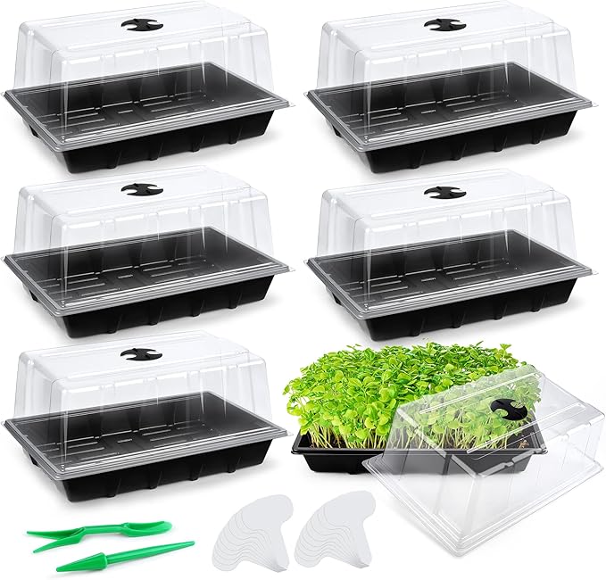 6 Packs Seed Starter Tray Kits with Humidity Dome, Plastic Germination Growing Trays with Plants Labels, Planting Tools for Seeds Growing Starting, Germination and Seedling Propagation by Hahood