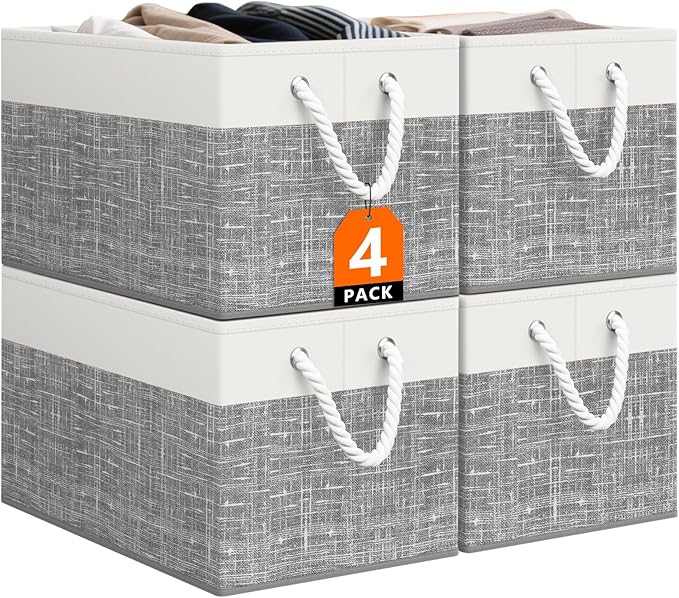 Storage Bin,Collapsible Storage Basket For Organizing,Large Storage Boxes With Rope Handles,Storage Containers,White & Grey,4 Pack by StorageTastic