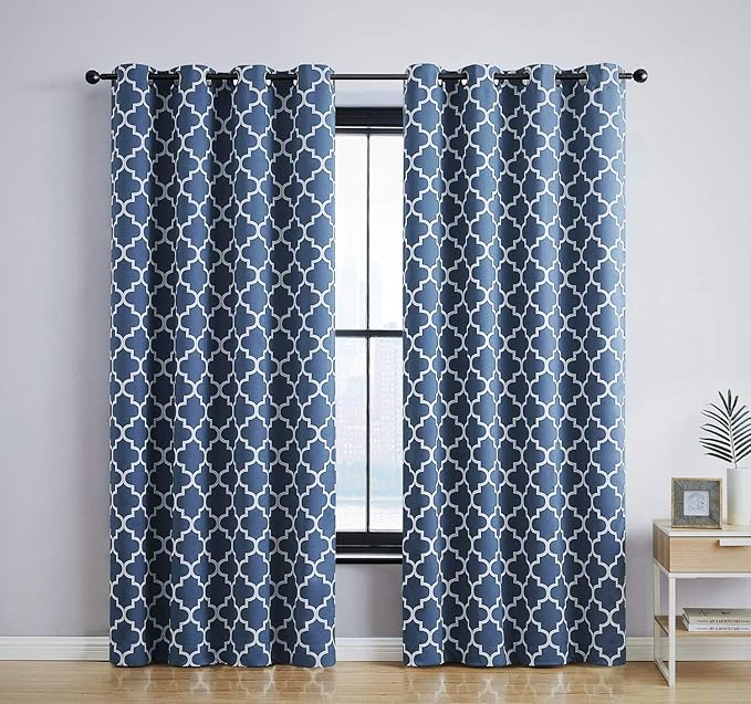 HLC.ME Lattice Print Decorative Blackout Thermal Insulated Privacy Room Darkening Grommet Window Drapes Curtain Panels for Bedroom - Dusty Blue - Set of 2-52 x 84 Inch Length by HomeLinenCollections