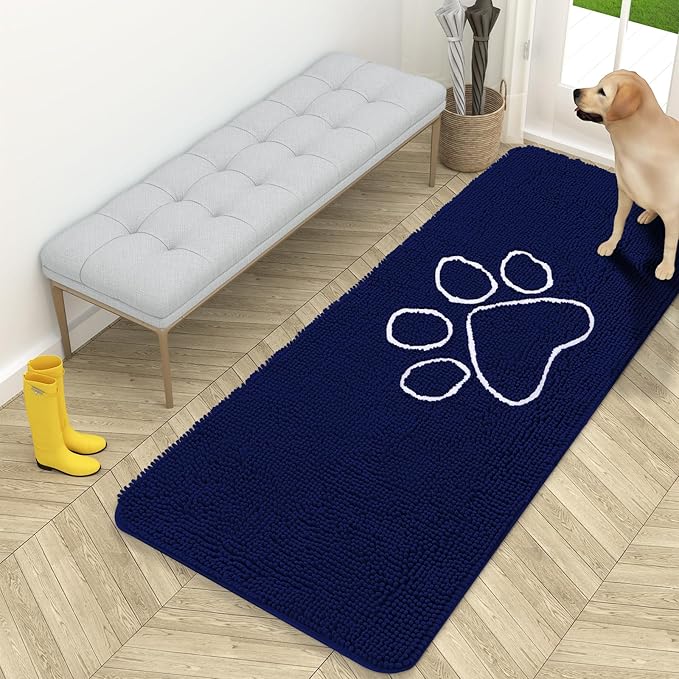 OLANLY Dog Door Mat for Muddy Paws 59x24, Paw Print Design, Absorbs Moisture and Dirt, Absorbent Non-Slip Washable Doormat, Quick Dry Chenille Mud Mat for Dogs, Entry Indoor Entryway Carpet, Navy Blue by OLANLY