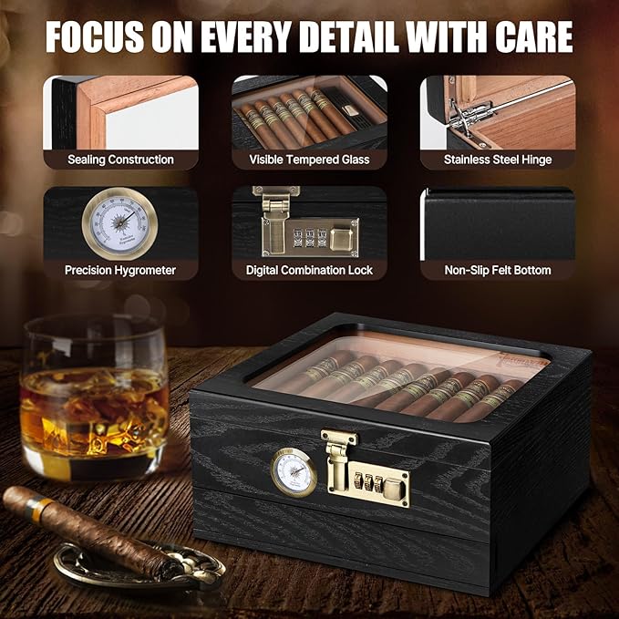 Cigar Humidor, Cedar Wood Humidor Cigar Box, Glass Top Desktop Humidor with Front Hygrometer, Humidifier, Divider, Accessories Drawer and Combination Lock, Cigar Gifts for Men (Black) - Image 6