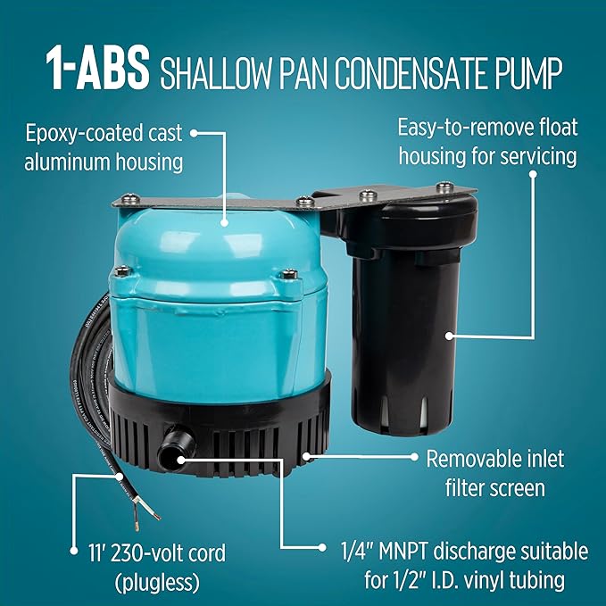 Little Giant 1-ABS 230-volt, 50/60 Hz, 1/150 HP, 205 GPH Automatic Shallow Pan Condensate Removal Pump for Ceiling Mounted Air Conditioners or Dehumidifiers, Black/Blue, 550532 - Image 3