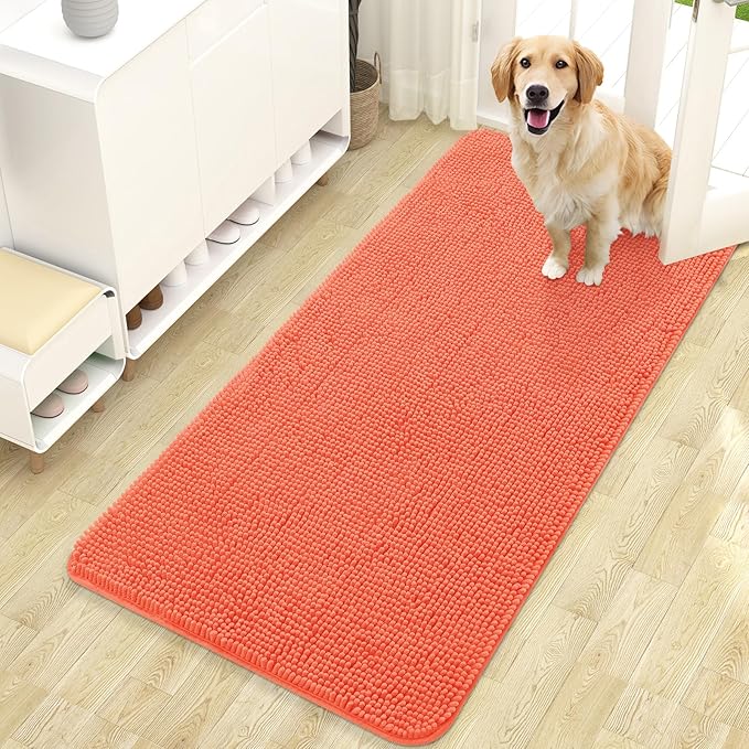 OLANLY Dog Door Mat for Muddy Paws 47x24, Absorbs Moisture and Dirt, Absorbent Non-Slip Washable Doormat, Quick Dry Chenille Mud Mat for Dogs, Entry Indoor Entryway Carpet for Inside Floor, Coral by OLANLY