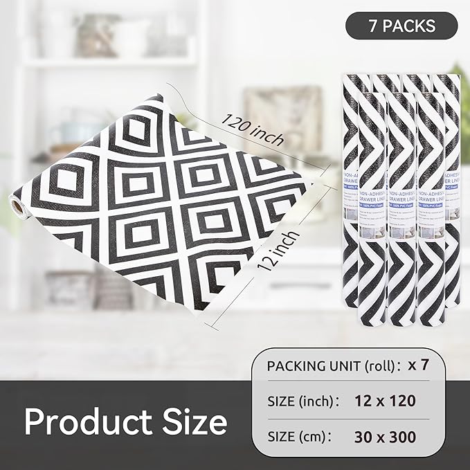 FIFTY FEET 12"x120" Non-Adhesive Shelf Liner for Kitchen Cabinets and Drawers, Washable Non-Slip PVC Cabinet Liner (Black Plaid)(7 Roll) - Image 5