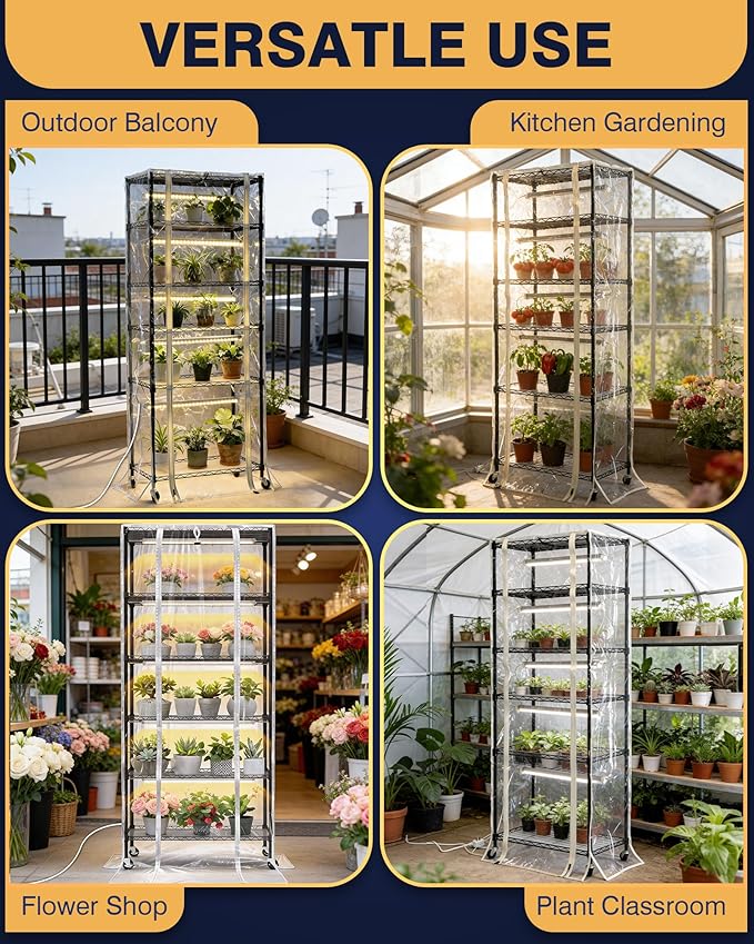 PYY Indoor Greenhouse with Grow Light - Heavy Duty 8 T8 3000K Grow Lights with 3 Color Modes, 6 Tier Plant Stand with Mechanical Timer, Thermometer and 4 Wheels for Planting (27.6"×15.7"×70.9" inch) - Image 7