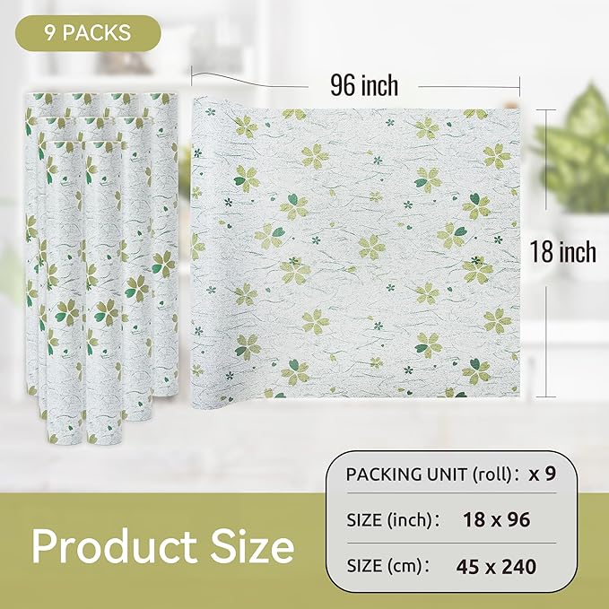 FIFTY FEET 12"x120" Non-Adhesive Shelf Liner for Kitchen Cabinets and Drawers, Washable Non-Slip PVC Cabinet Liner (Green Floral)(9 Roll) - Image 5