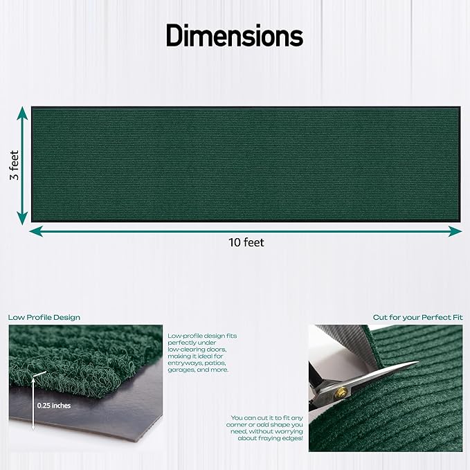Durable Rubber Door Mat - Heavy Duty, Indoor/Outdoor, Easy Clean, Waterproof, Low-Profile Mat for Entry, Patio, Garage - Stylish (Green, 10' x 3' (Mud Trapper)) - Image 2